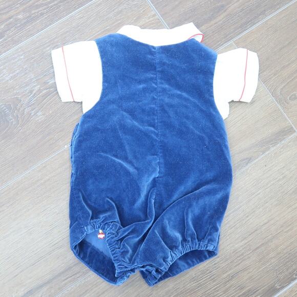 Vintage 80s Baby Boy Blue Velvet Romper and Shirt Two Piece Set 3-6 Months - Picture 2 of 4